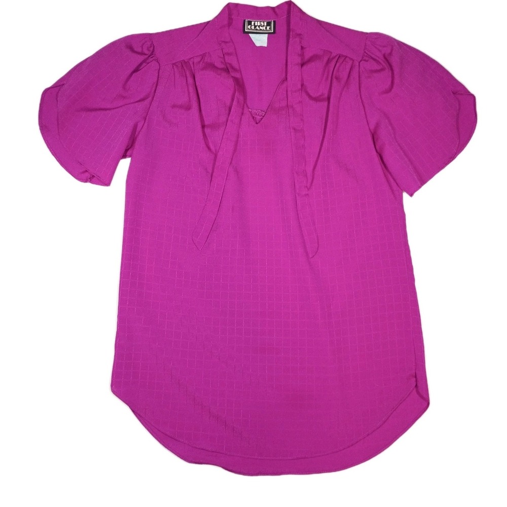 Vintage‎ First Glance Blouse Womens L Fuschia Tie Neck Puffed Sleeve Coquette